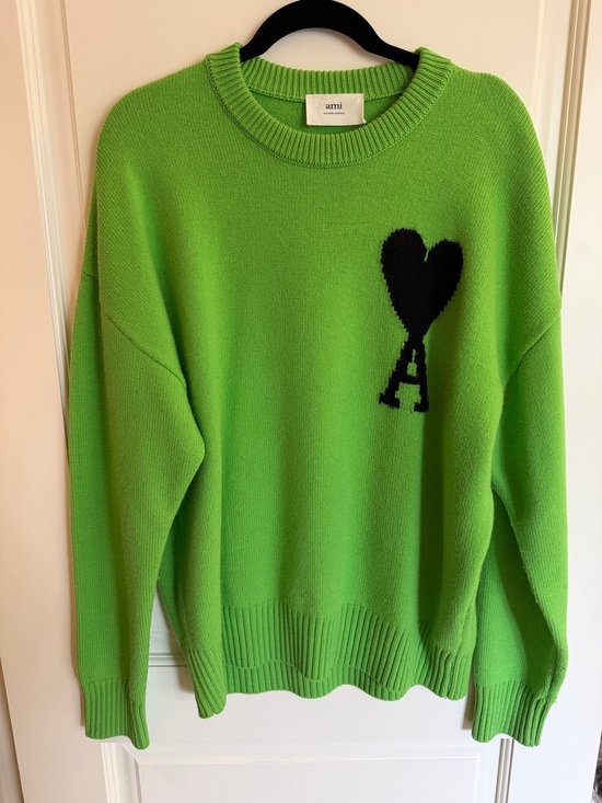 Ami Sweaters - Ami Green Crew Neck Sweater with Black Heart